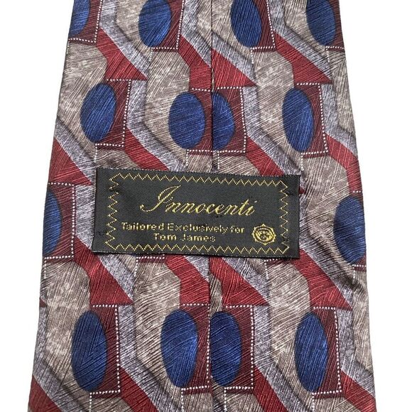 Innocenti for Tom James Tie Men's Necktie Silk Maroon Blue Geometric Made in USA - Picture 4 of 8